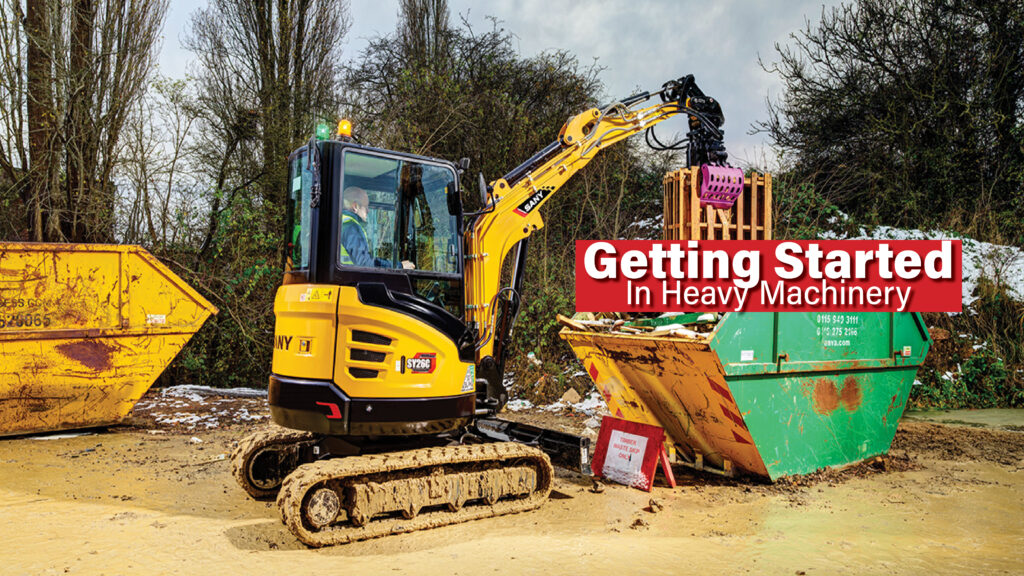 Yellow SANY digger loading a bin.